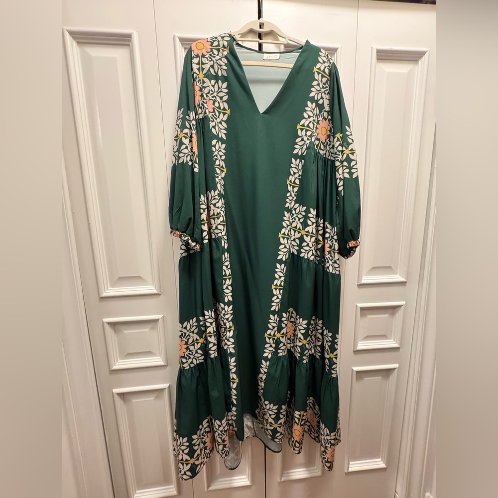 Green Cream Bishop Sleeve Maxi Sundress